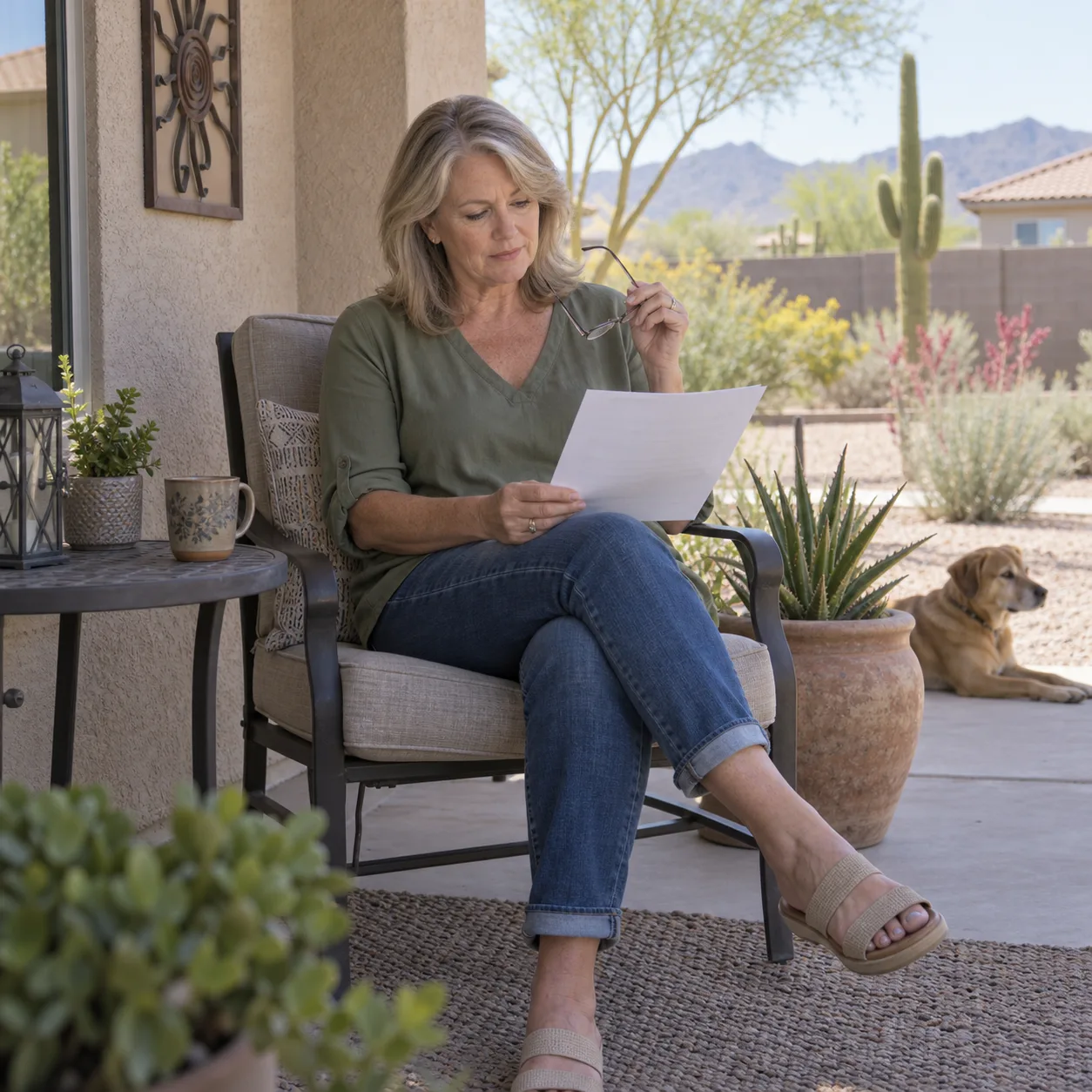 Woman reviewing a printed estimate in a shaded courtyard
