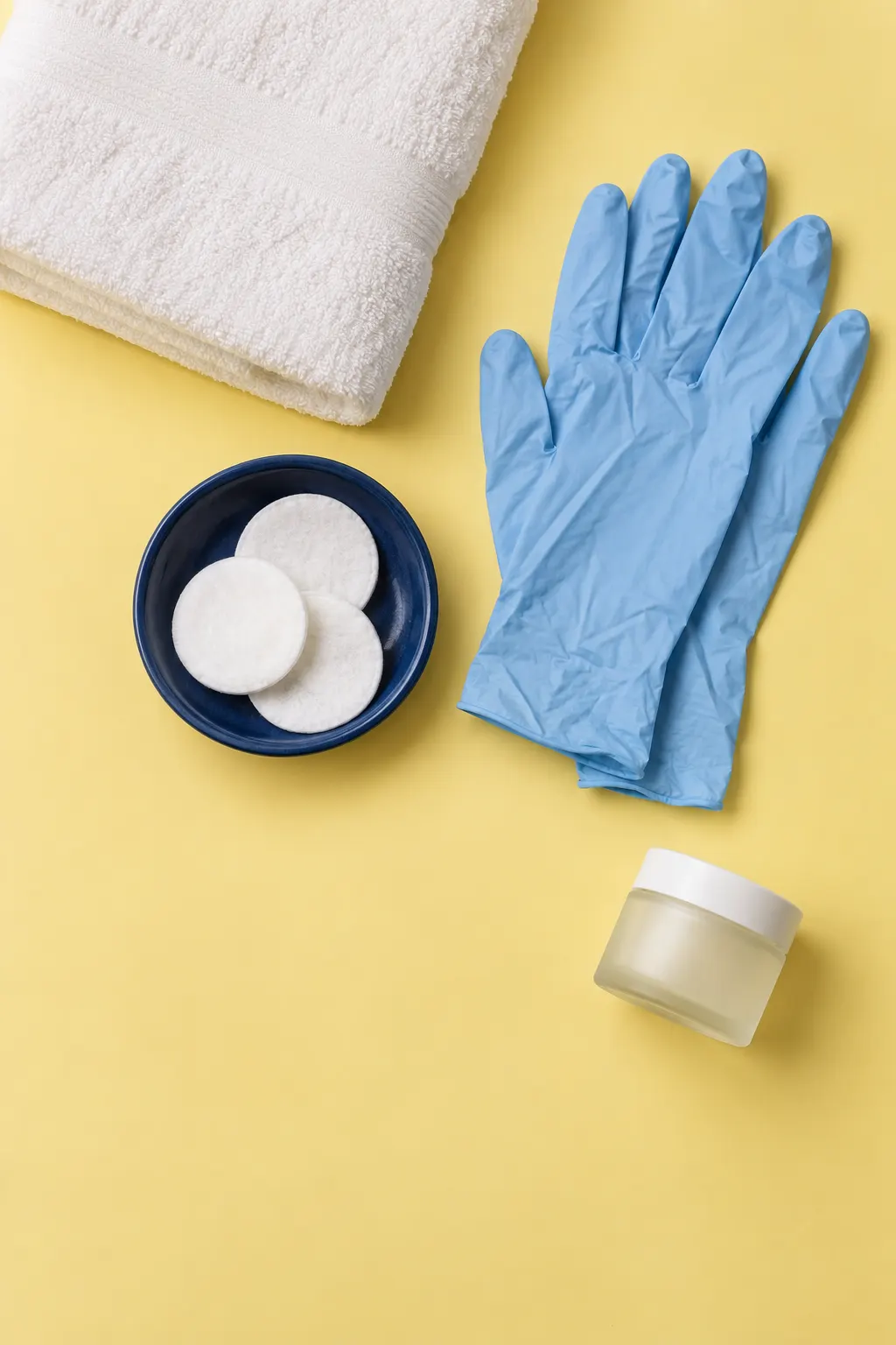 Top-down still life on a butter-yellow backdrop: a folded white towel, blue nitrile gloves, a navy dish of cotton rounds and a frosted jar.