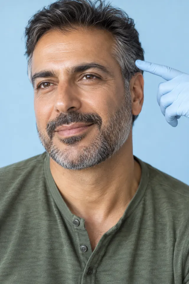 Close portrait of a man in his fifties with grey at the temples and a trimmed beard, a gloved fingertip pointing at his temple, against a pale blue backdrop.