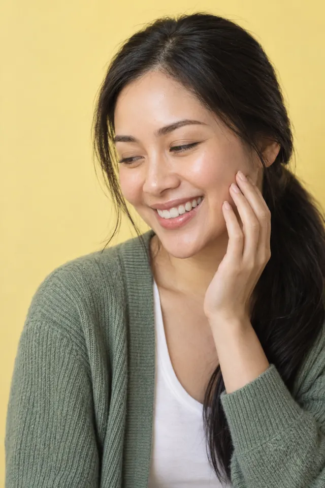 A woman with a long low ponytail laughing and touching her cheekbone in a sage cardigan against a butter-yellow backdrop.