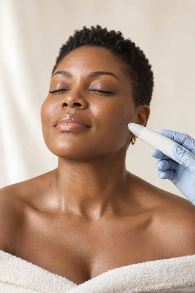 A woman with short natural hair and closed eyes, a gloved hand holding a small skin device near her cheek, an ivory towel on her shoulders.