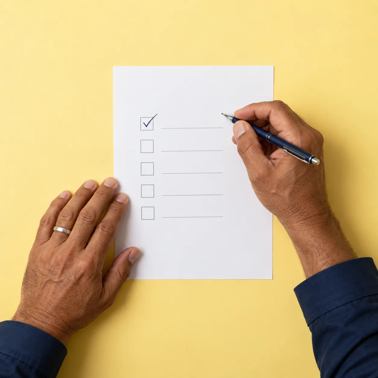 Top-down studio photo of a man's hands with a printed checklist on a butter-yellow backdrop, one box ticked.