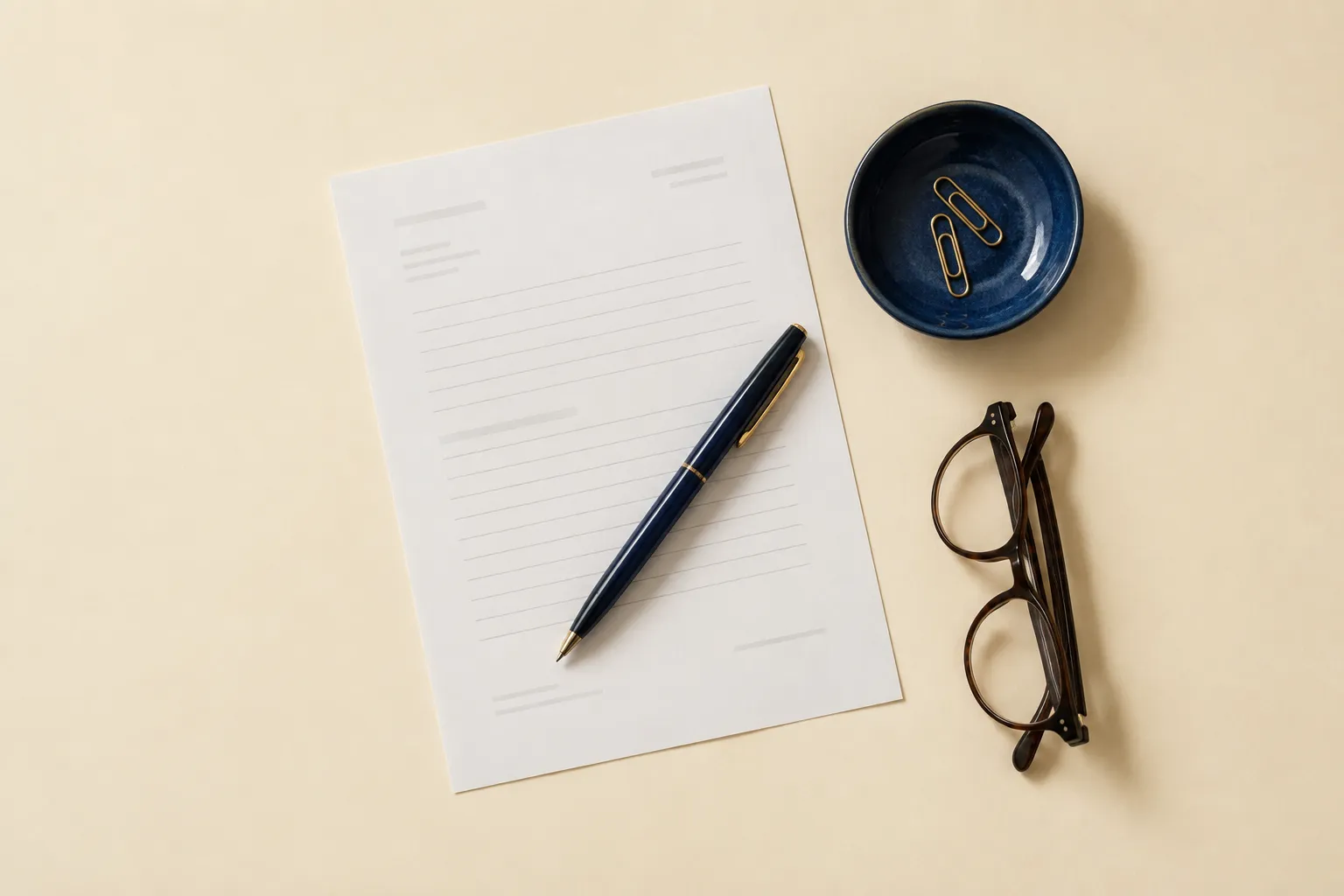 Top-down studio photo of a printed estimate sheet with a navy pen, a navy dish of paper clips and folded glasses on a cream backdrop.