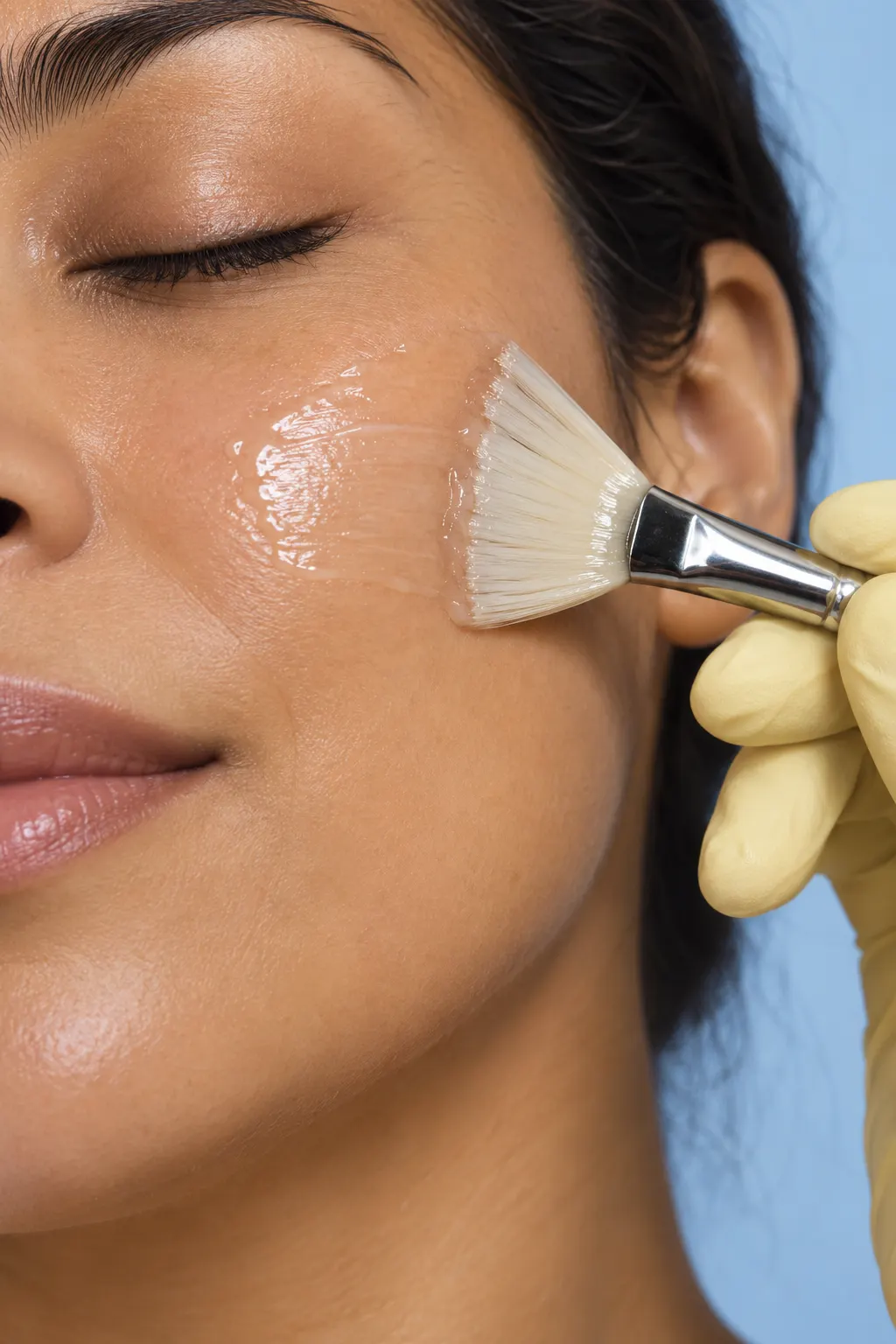 Editorial close-up of a woman's cheek as a yellow-gloved hand brushes clear gel on with a fan brush.